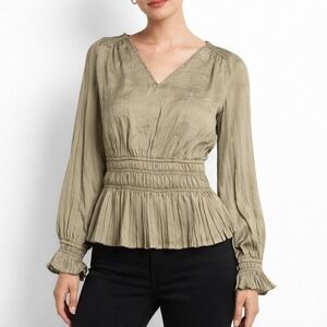 Soft Sage Smocked Waist Peplum Blouse Romantic Minimal Cottage Core XS Ethereal